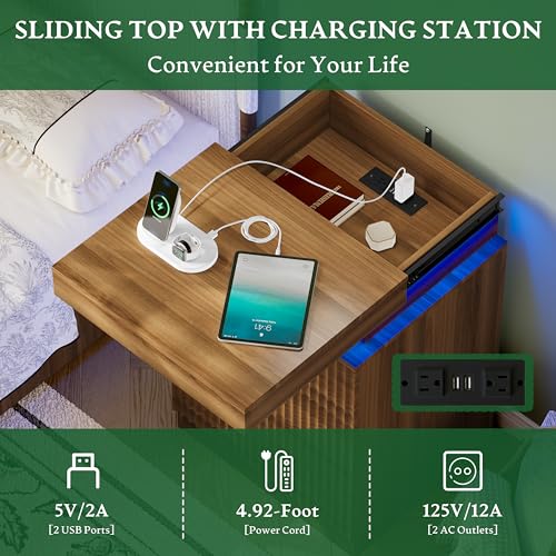 Xixini Nightstand with Charging Station and RGB LED Lights, Fluted 3-Drawer Bedside Table with Sliding Top, Wooden End Table for Bedroom, Living Room, Walnut - color: Walnut