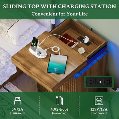 Xixini Nightstand with Charging Station and RGB LED Lights, Fluted 3-Drawer Bedside Table with Sliding Top, Wooden End Table for Bedroom, Living Room, Walnut - color: Walnut
