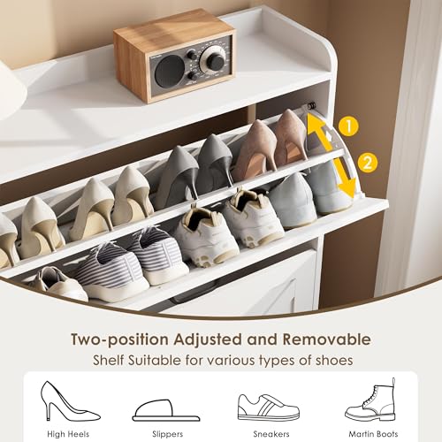 Nicetree Shoe Storage Cabinet with 2 Flip Drawers, Entryway Cabinet, White | Slim Shoe Cabinet with Metal Legs, Narrow Farmhouse Shoe Organizer for Entryway, Foyer, Hallway, Wood Shoe Rack with Hook - color: Alabaster