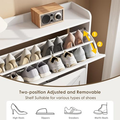 Nicetree Shoe Storage Cabinet with 2 Flip Drawers, Entryway Cabinet, White | Slim Shoe Cabinet with Metal Legs, Narrow Farmhouse Shoe Organizer for Entryway, Foyer, Hallway, Wood Shoe Rack with Hook - color: Alabaster