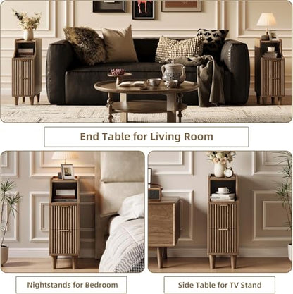 7.9" Narrow Fluted Nightstand Set of 2,Slim Side End Table with 2 Drawers,Black Modern Bedside Table,Skinny Night Stand for Small/Compact Space, Motorhome (Walnut) - color: Walnut