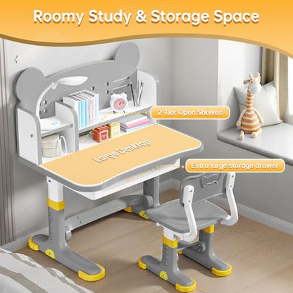 Kids Desk and Chair Set, Height Adjustable Child's School Study Writing Tables, Kids Desk with Bookstand and Storage Drawer, Widened Desktop with Desktop for Boys and Girls (Gray-F) - color: Gray-f
