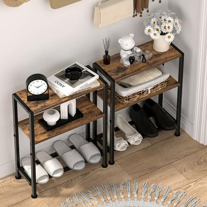 Narrow Side Table Set of 2 for Small Space, 2-Tier Small End Table with Shelf Holder, Slim Nightstand, Skinny Snack Couch Table in Living Room, Bedroom, Study, Kitchen and Balcony (Rustic Brown) - color: Rustic Brown