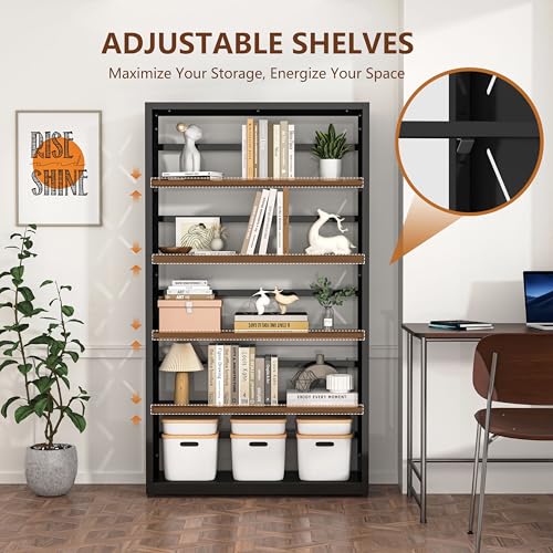 Polup Metal Bookshelf, 5 Tier Wide Bookcase with Adjustable Shelves, Tall Black Book Shelf with Bookends, Large Display Shelves for Living Room, Home Office, Library - color: Black, size: 5 Tier-31" W