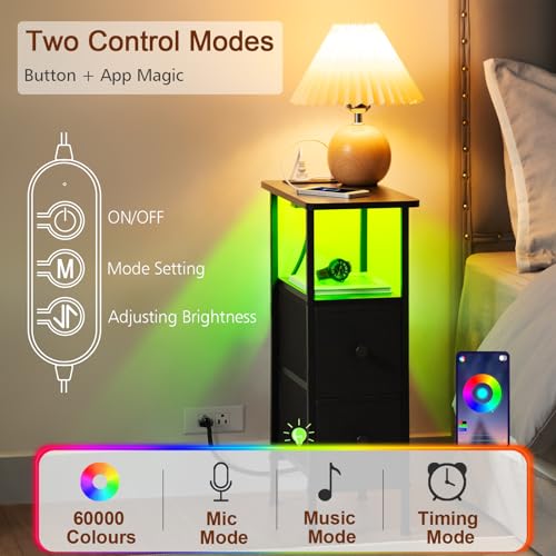 LOAKEKEL Narrow Nightstand with Charging Station, End Tables Living Room Set of 2, Skinny Side Table with Fabric Drawers, Small Sofa Table with LED Light for Bedroom, Black, HETNDP02LBK - color: Black, style: Power + Light