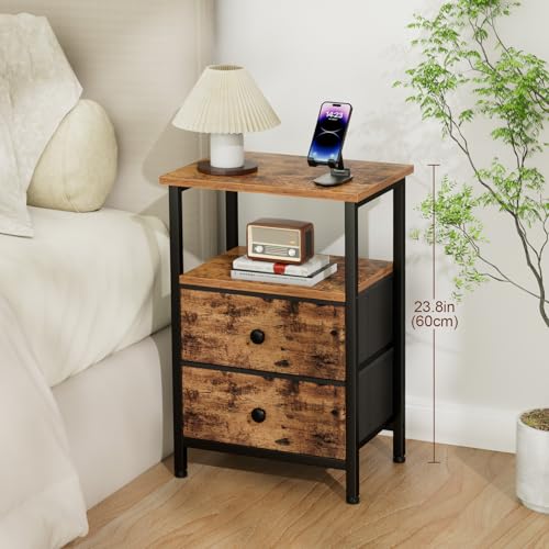 Night Stand, Nightstands Set of 2 for Bedroom | Small Bedside Table with 2 Fabric Drawers, End Tables Living Room, Bed Side Table with Open Storage Shelf, Rustic Brown - color: Brown