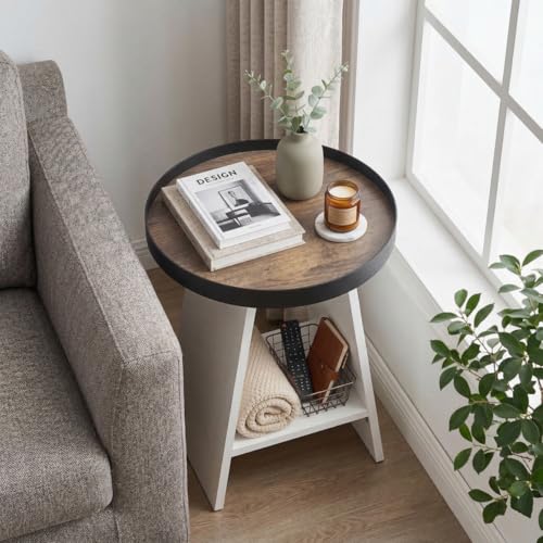 Round End Table with 17.7 inch Tray Top, 2-Tier Round Side Table with Storage Shelf, Modern Farmhouse Industrial Wood Nightstand for Living Room, Bedroom, Small Spaces (White) - color: White