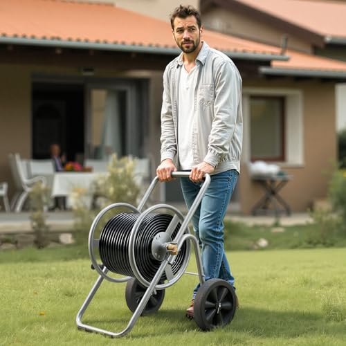 VEVOR Hose Reel Cart, 200/300 ft High-Pressure Garden Hose Cart, Hoses Reel Carts with Two Wheels, Handle & Heavy-Duty Mesh Storage Basket, Portable Hoses Reels for Garden Watering, Car Washing - style: 200 ft