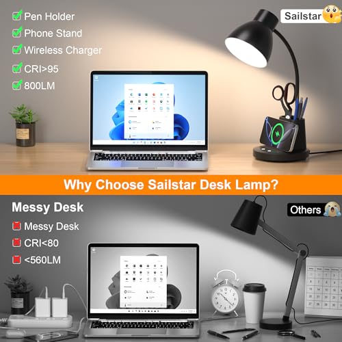 Desk Lamp for Home Office, 10W Wireless Charging, Eye-Caring LED Desk Light, CRI 95+ 3 Color Modes Stepless Dimming Pen Holder, 360° Flexible Arm Desk Lamps for College Dorm, Adapter Included