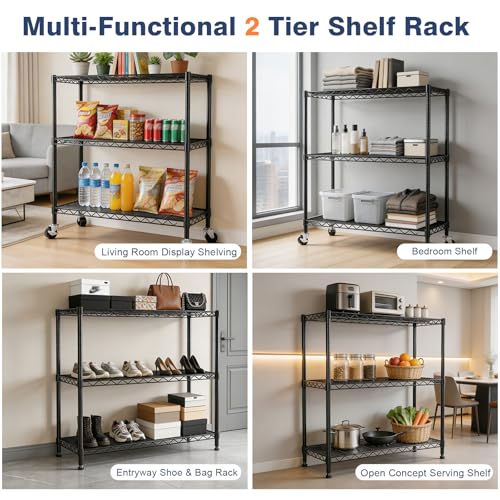 3 Tier Wire Shelf,Black Adjustable Metal Storage with Wheels | Heavy Load Capacity 900 lbs,Height Adjustable Design,35.4"Wx17.7Dx36.5H,Lockable 360°Wheels,Large Storage Space - color: 3-tier Black-35.4"x17.7" X36.5"(wxdxh)