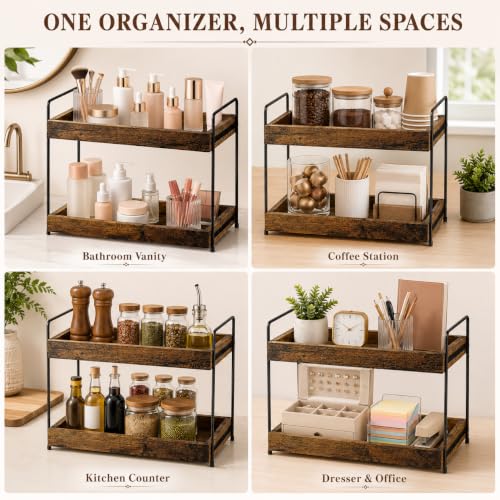 mahueeol 2 Tier Wood Counter Organizer | Bathroom Vanity Use, Kitchen Use - style: Rustic