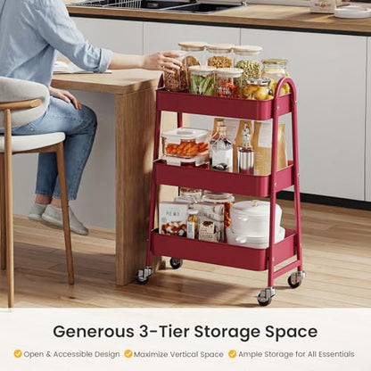 DUMOS 3 Tiers Metal Rolling Utility Cart with Lockable Wheels, Mobile Storage Organizer, Utility Shelving Unit for Kitchen, Office, Bathroom, Laundry, Narrow Places, Red - color: 3 Tiers Red