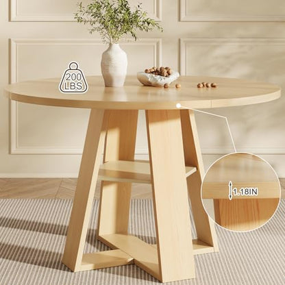 47.2" Round Dining Table for 4-6, Circle Kitchen Table with Open Storage Shelf, Farmhouse Dinner Table with Cross Pedestal Base for Dining Room, Kitchen, Living Room, Burlywood - color: Burlywood