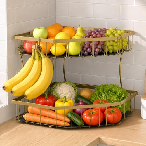 2 Tier Fruit Basket for Kitchen Counter with 2 Banana Hangers for Corner | Detachable Metal Fruit Bowl with Wooden Handle, Large Capacity Fruit Stand for Bread Fruit and Vegetable Storage, Gold - color: Gold, size: 2 Tier Standard