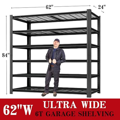 6T 62" W x 24" D x 84" H Garage Shelving Heavy Duty Metal Shelving 6000LBS Storage Shelves Adjustable Metal Shelves for Storage Industrial Garage Shelves for Warehouse Basement - size: 6T 62" W x 24" D x 84" H
