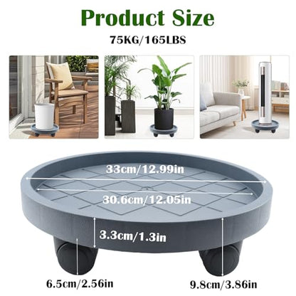 K KASONIC 12 Inch Plant Caddy with Wheels, 220LBS Capacity Rolling Plant Stand Dolly, 2 Pack Round Planter Saucer Mover Base Tray for Indoor Outdoor Potted Plants, Includes 5M Tearable Plant Ties