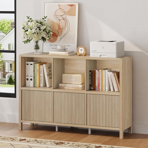 6 Cube Horizontal Bookshelf with 3 Doors, Modern Wood Book Shelf with Storage, Low Cubby Bookcase for Home Office (Light Walnut) - color: Light Walnut With 3 Doors