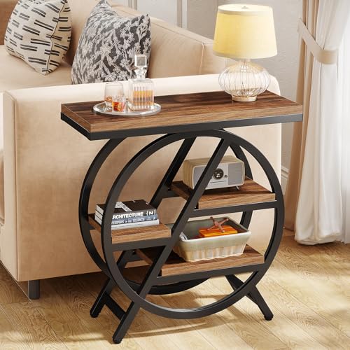Tribesigns End Table Set of 2, 3-Tier Narrow Sofa Side Table with Storage for Living Room, Wood End Table with Geometric Metal Frame, Industrial Nightstand and Bedside Table for Bedroom, Rustic Brown - color: Rustic Brown