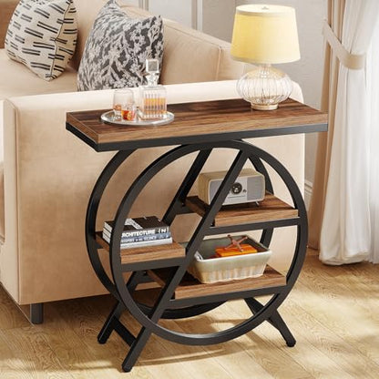 Tribesigns End Table Set of 2, 3-Tier Narrow Sofa Side Table with Storage for Living Room, Wood End Table with Geometric Metal Frame, Industrial Nightstand and Bedside Table for Bedroom, Rustic Brown - color: Rustic Brown