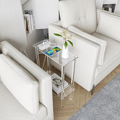HMYHUM Acrylic Narrow Side Table with Charging Station, 7" Width, 2 Tier Small End Table for Small Spaces, Skinny Nightstand/Bedside Table with USB Ports & Outlet, Clear - size: 2-tier