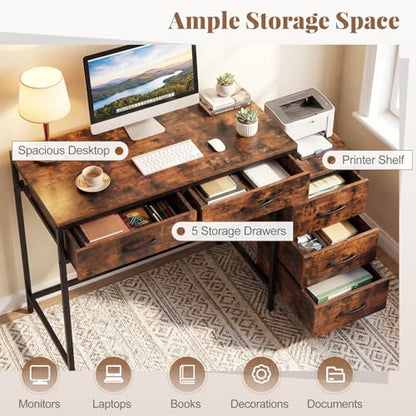 Tangkula Reversible Computer Desk, Industrial Style Writing Study Table | 51” Home Office Desk with Drawers & Printer Stand, Laptop PC Workstation for Bedroom Small Spaces - color: Rustic Brown