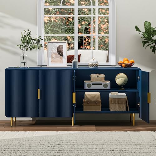 65" Fluted Sideboard Buffet Cabinet with Storage, Console Cabinet with 4 Doors & Adjustable Shelves, Modern Buffet Table for Kitchen Dining Living Room Hallway‌ Entryway, Blue - color: Blue