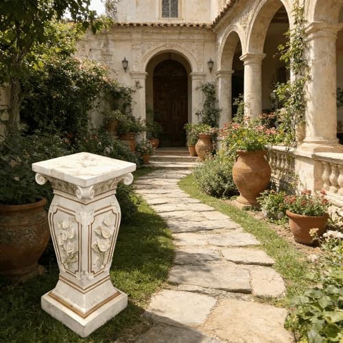 European Style Floral Carved Roman Column Pedestal - Resin Decorative Pillar Stand, Indoor / Outdoor Elegant Display Table for Garden, Courtyard, Statues & Home Ornaments(22.05" H x 9.06" W )
