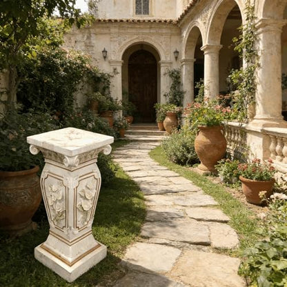 European Style Floral Carved Roman Column Pedestal - Resin Decorative Pillar Stand, Indoor / Outdoor Elegant Display Table for Garden, Courtyard, Statues & Home Ornaments(22.05" H x 9.06" W )