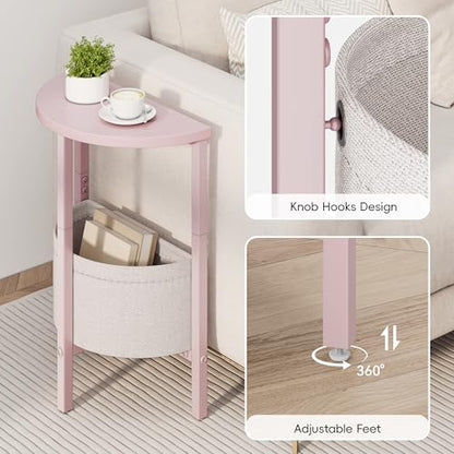 Vagusicc Small Round Side Table, Accent End Table with Storage Basket, Set of 2 Half Round Coffee Table End Table, Half Moon Bedside Table, Modern Nightstand Couch Table for Living Room Bedroom, Pink - color: Pink