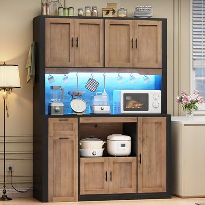 Itaar 71" Pantry Cabinet with Charging Station and LED Light, Kitchen Pantry Cabinet with Microwave Stand, 47.2" Wide Kitchen Storage Cabinets with Storage Cart 3 Tier for Dining Room,Brown - color: Brown