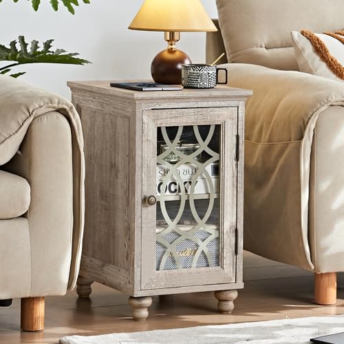 Joaxswe Narrow Side Table with Glass Door, 18 x 14'' Night Stand with Adjustable Shelf Storage Cabinet Organizer, Bedside End Tables Wood Nightstand for Small Spaces Living Room Bedroom - color: Grey Oak, size: without Charger