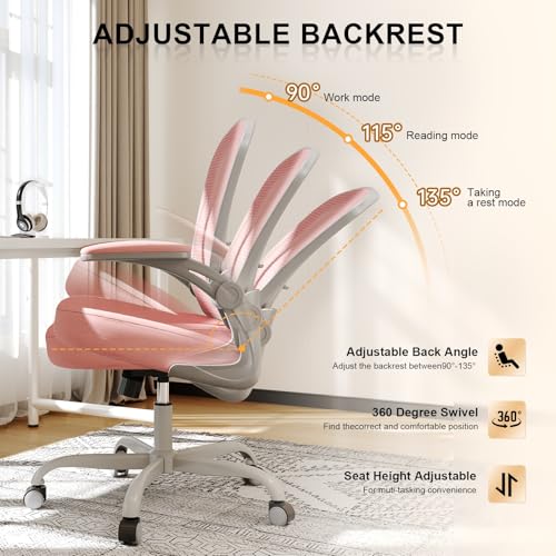 Office Chair, Ergonomic Desk Chairs 330LBS Capacity High Back Mesh Computer Chair with Flip-up Armrests, Comfy Work Chair with Adjustable Lumbar Support - color: Gray-pink