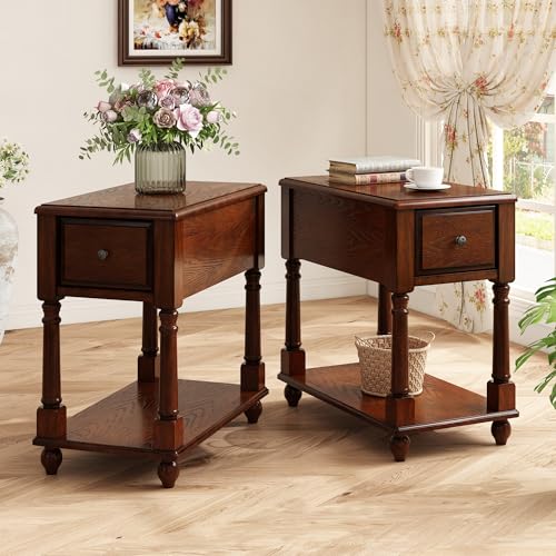 Set of 2 Narrow Open End Table with Drawer, Solid Wood Side Table 2-Tier Skinny Table with Storage Shelves Slim Nightstand Small Sofa End Table for Living Room Bedroom-Cherry Walnut 004DWA - color: Cherry Walnut, size: Set of 2