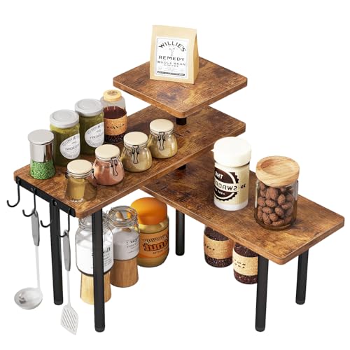 IBUYKE 3-Tier Spice Rack Kitchen,Rotating Adjustable,Brown,TLJ023H | Corner shelf Kitchen Countertop Organizer Bathroom Counter Organizer 4 Side Hooks Coffee Bar Cabinet Desk - color: Brown, size: 1 pack (Improved)