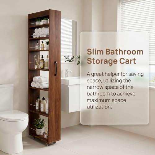 7-Tier Slim Mobile Shelving Cart with Wheels, Rolling Pantry with 7 Racks, Narrow Pull-Out Utility Cart, Space Saving Storage Organizer Carts for Kitchen Living Room Bathroom Narrow Spaces, Walnut - size: Walnut & 7.87"D x 17.72"W x 70.87"H