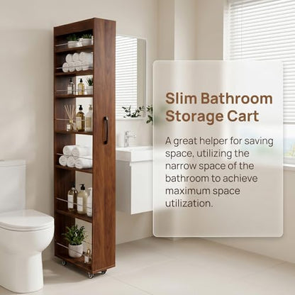 7-Tier Slim Mobile Shelving Cart with Wheels, Rolling Pantry with 7 Racks, Narrow Pull-Out Utility Cart, Space Saving Storage Organizer Carts for Kitchen Living Room Bathroom Narrow Spaces, Walnut - size: Walnut & 7.87"D x 17.72"W x 70.87"H