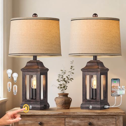 24" Rustic Farmhouse Table Lamps for Living Room Set of 2, Touch Dimmable Nightlight Vintage Bedside Lamps with USB A+C Ports & Dual Light Sources for Bedroom Nightstand End Table, Antique Black - color: Antique Black-Set of 2