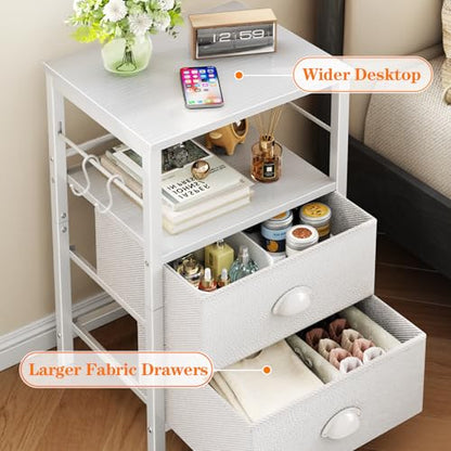 Furologee Nightstand Bedside Table with 2 Fabric Drawers, White Side Table with 2-Tier Shelf, Night Stand with Hooks, for Bedroom, Living Room, Backboard Design, Wooden Top, Metal Frame, White - color: White, style: 1pc
