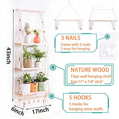 TENEWEE Macrame Floating Hanging Wall Shelf Boho Decor with Hooks | Handmade Cotton, Large Storage, Plant & Book Display, Bedroom, Living Room, Bath, Kitchen, Dorm, Vanity, Entryway - size: 3tier shelves