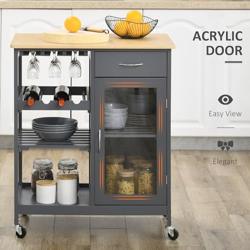 HOMCOM Rolling Kitchen Island with Storage, 4-Bottle Wine Rack, Gray | Small Kitchen Island, Bar Cart with Stemware Holder, Shelves, Drawer and Cabinet