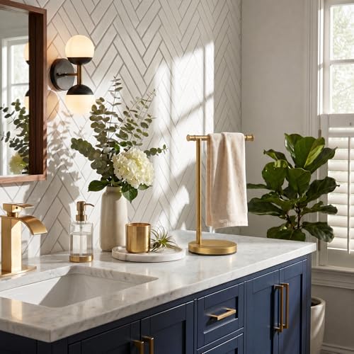 Hoimpro 13" Brushed Gold Stand Hand Towel Holder Bathroom Kitchen Countertop Towel Rack Towel Bar Ring Free Standing Counter T Bath Accessories Freestanding Vanity Sink Hardware Stainless Steel - color: Brushed Gold