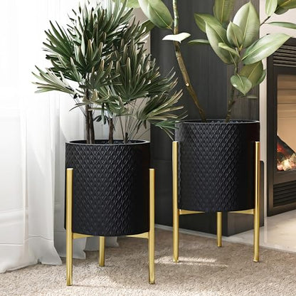 LuxenHome 2-Piece Diamond Pattern Round Metal Cachepot Planter Set, Black Planter with Gold Stands Set of 2 Indoor Plant Pots Large Floor Plant Pot for Plants, NOT Waterproof - color: Black
