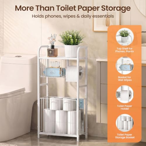 Freestanding Toilet Paper Holder Stand with Storage forSmall Bathroom Space | Holds 9 Spare Rolls, Phone, Wipes & Magazines –Large Capacity Toilet Paper Stand – Toilet Roll Dispenser and Organizer - color: White