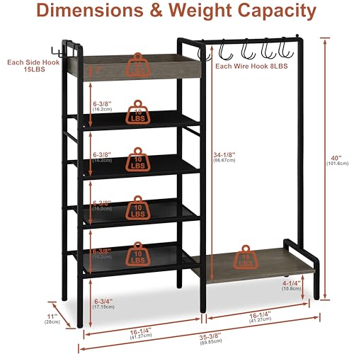 2-in-1 Shoe and Purse Rack, 5-Tier Shoe Rack with Wooden Tray & 7 Hooks, Industrial Metal Shoe Shelf with Removable Shelves for Entryway, Front Door Entrance, Closet, Boot Storage, Black - color: Black With Grey