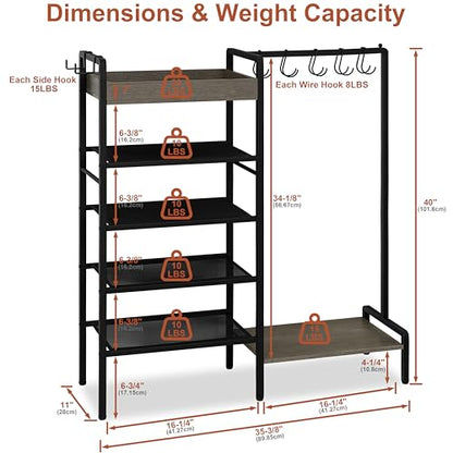 2-in-1 Shoe and Purse Rack, 5-Tier Shoe Rack with Wooden Tray & 7 Hooks, Industrial Metal Shoe Shelf with Removable Shelves for Entryway, Front Door Entrance, Closet, Boot Storage, Black - color: Black With Grey