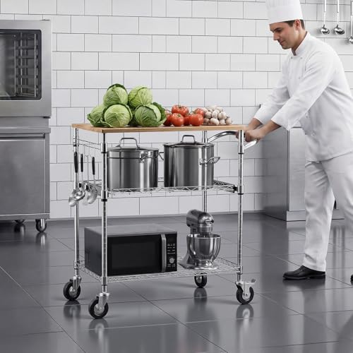 VEVOR Kitchen Utility Cart, 3 Tier Heavy Duty Adjustable Wire Storage Rack with Wood Tabletop and Handle Bar, Rolling Portable Service Trolley on Wheels, 661 lbs Steel Work Table, 30x18x36 in - size: 18"D x 30"W x 36"H Table top
