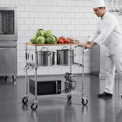 VEVOR Kitchen Utility Cart, 3 Tier Heavy Duty Adjustable Wire Storage Rack with Wood Tabletop and Handle Bar, Rolling Portable Service Trolley on Wheels, 661 lbs Steel Work Table, 30x18x36 in - size: 18"D x 30"W x 36"H Table top
