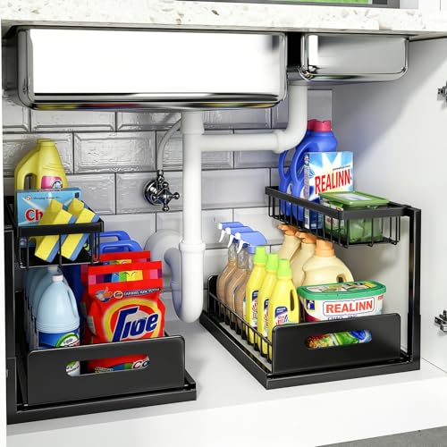 REALINN Under Sink Organizer, L-Shaped 2 Tier Pull Out Cabinet Organizer | For Kitchen and Bathroom, Slide Out Under Cabinet Storage, Metal Under Sink Storage with Sliding Drawer, 50 lbs, Black 2 Pack - color: Black, size: 2 Pack