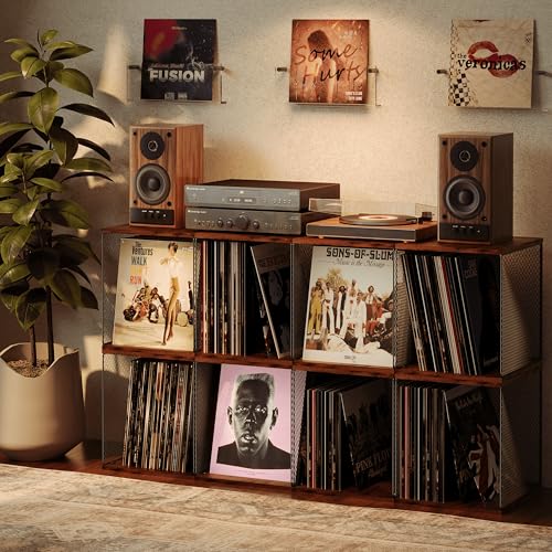 Honkazita 1 Cube Vinyl Record Storage Furniture - DIY Stackable 40-55 Vinyl Album Visualize Storage - Natural Wooden Organizer Crate Cabinet
