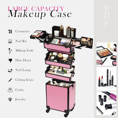 Particle Rolling Makeup Train Case Professional Cosmetic Trolley Large Storage Organizer with Key Swivel Wheels Salon Barber Case -Extra Portable Cosmetic Bag, Pink - color: Pink